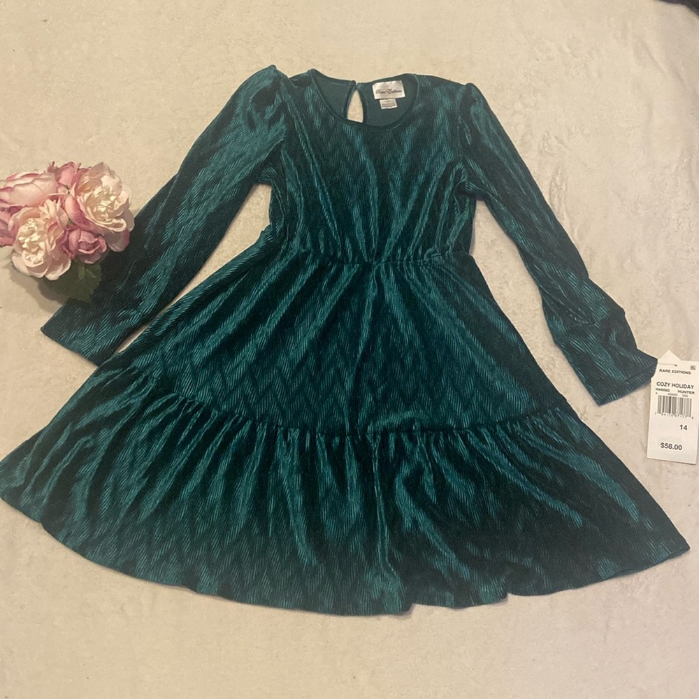 RARE EDITIONS NWT Size 14 Girls Green Long Sleeve Dress Hunter Green